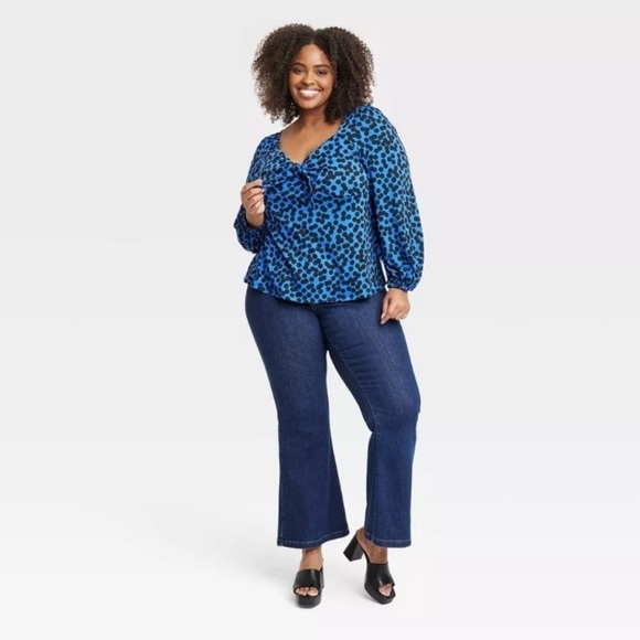 Ava & Viv 🆕 Royal Blue w/ Black Dot Blouse Balloon Sleeve Ruching Knot Front - Picture 3 of 9